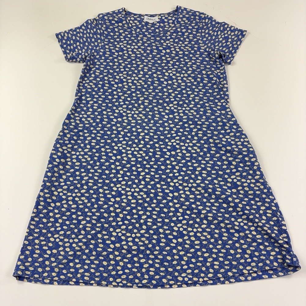 The Vermont Country Store Dress Womens Large Blue Floral T-Shirt Pockets Jersey
